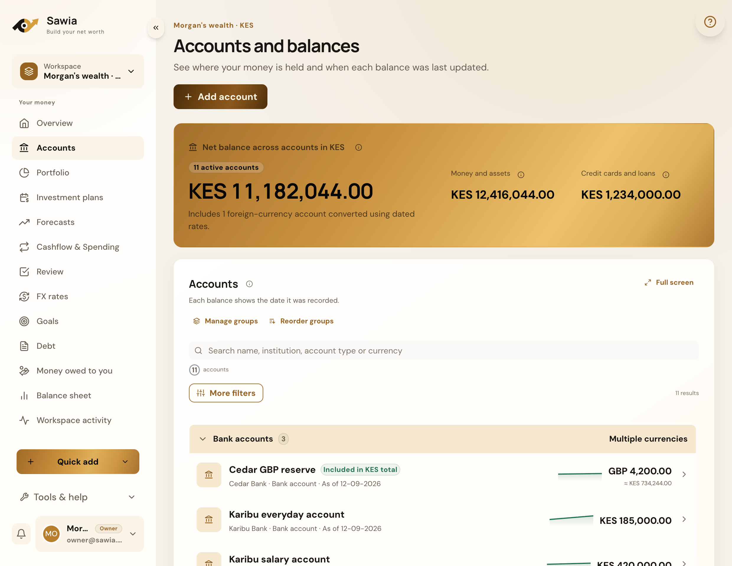 Sawia accounts view with grouped bank accounts and balances